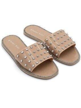 Gianni Bini Spiked Bling Jelly Slide Sandals Nude Tan Studded Rhinestone Flat 9